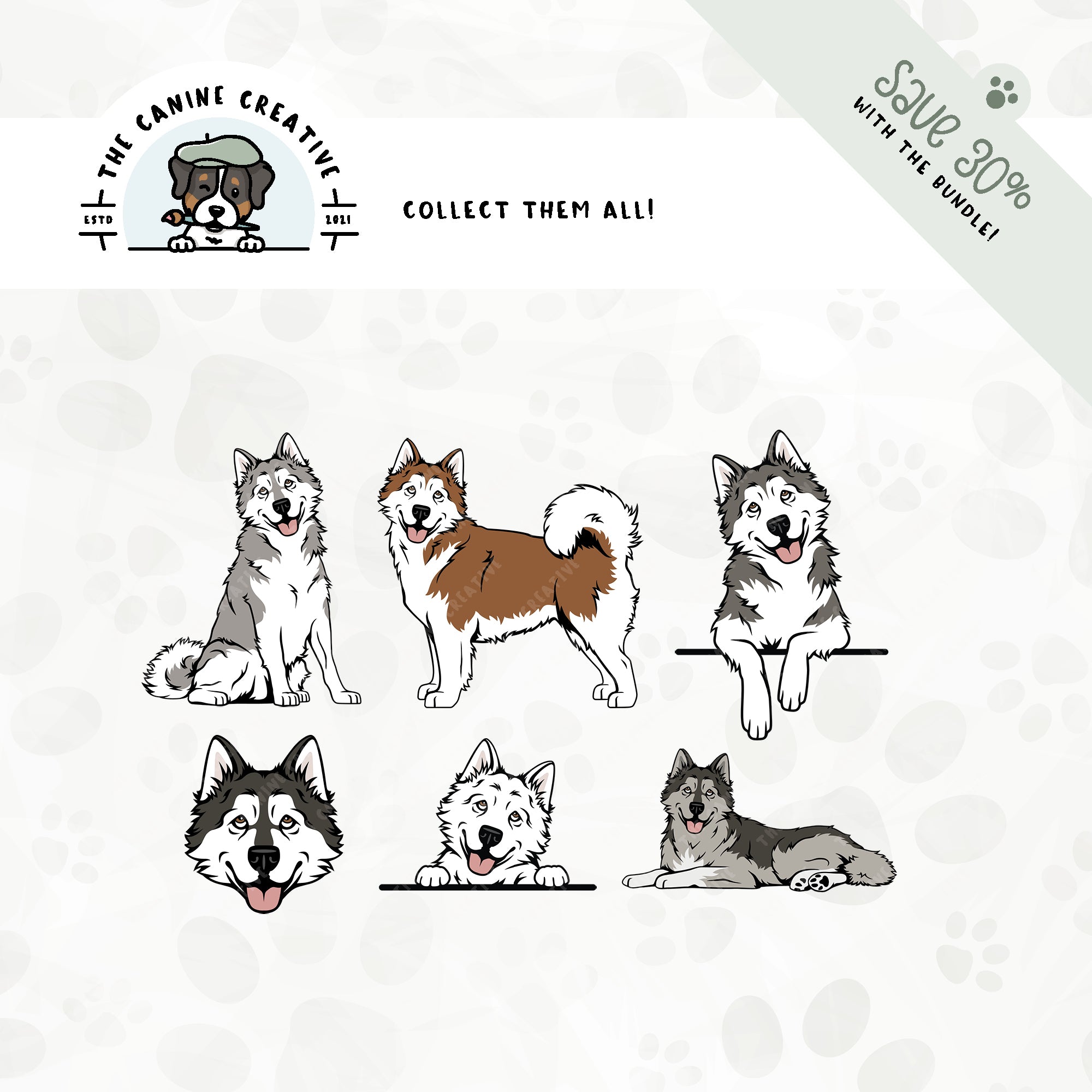 Save 30% with our related 6-pack Alaskan Malamute design bundle!